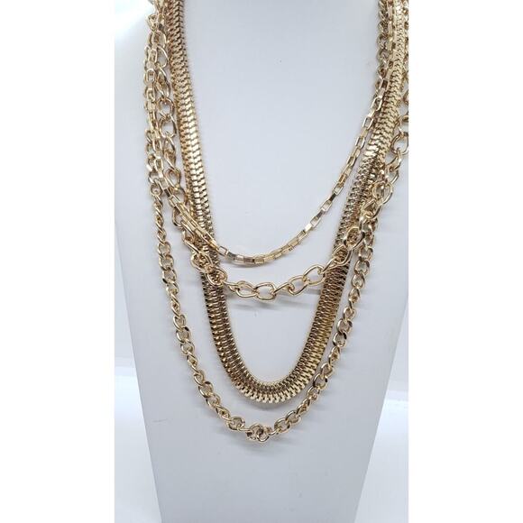 vintage Jewelry - Vintage 90s Multi 4 Chain Gold Tone Necklace Chunky Snake Link Paperclip
